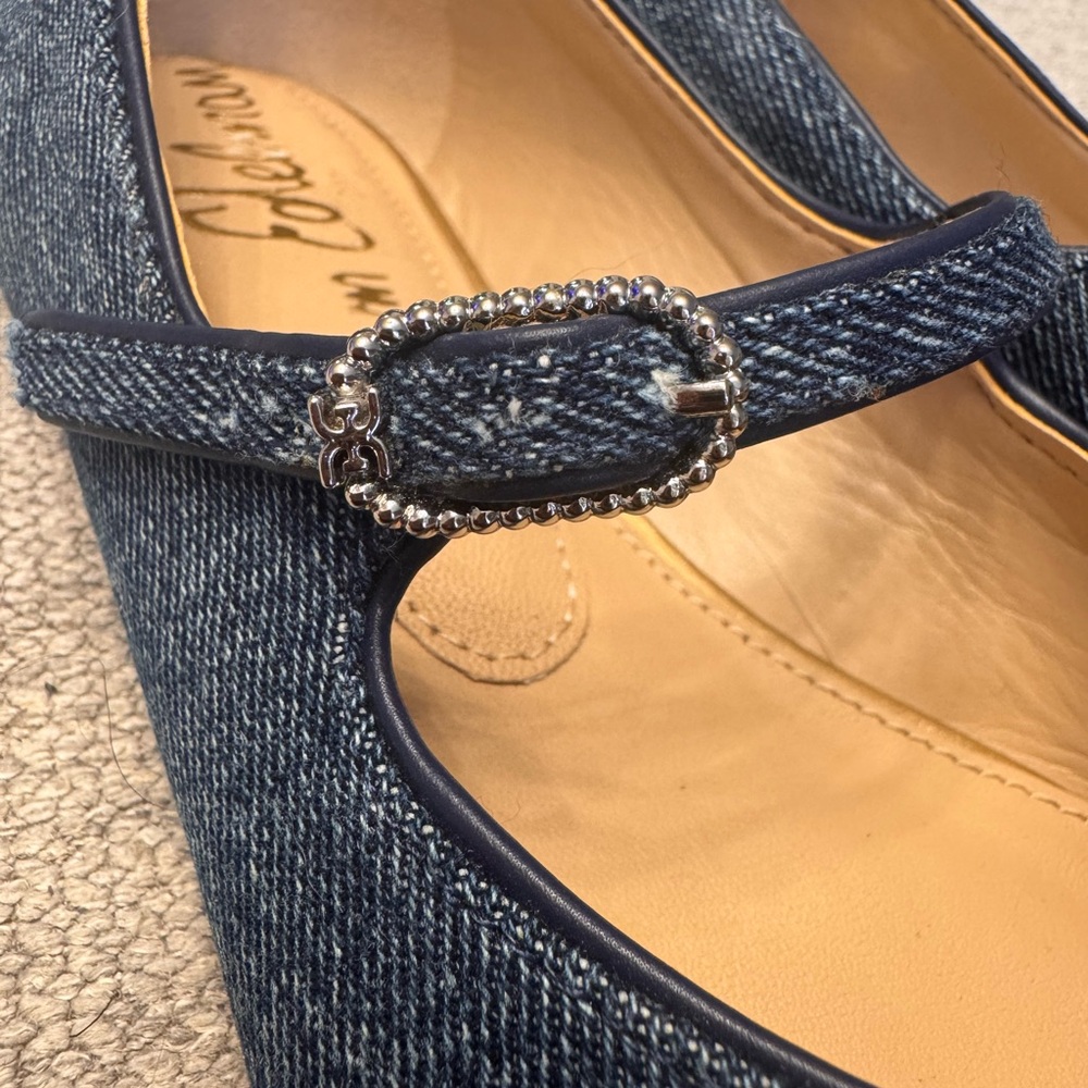 Brand new never worn Sam Edelman pointed toe Mary Jane flats in denim blue NWOT - Picture 4 of 5